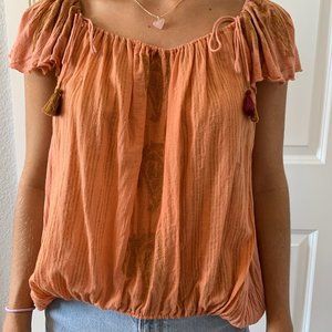 Free People Flowy Orange Blouse with Tassles